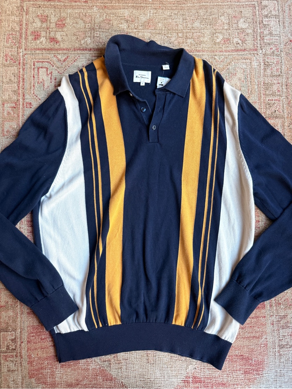 Ben Sherman Navy, Gold & White Striped Crewneck Polo Sweater